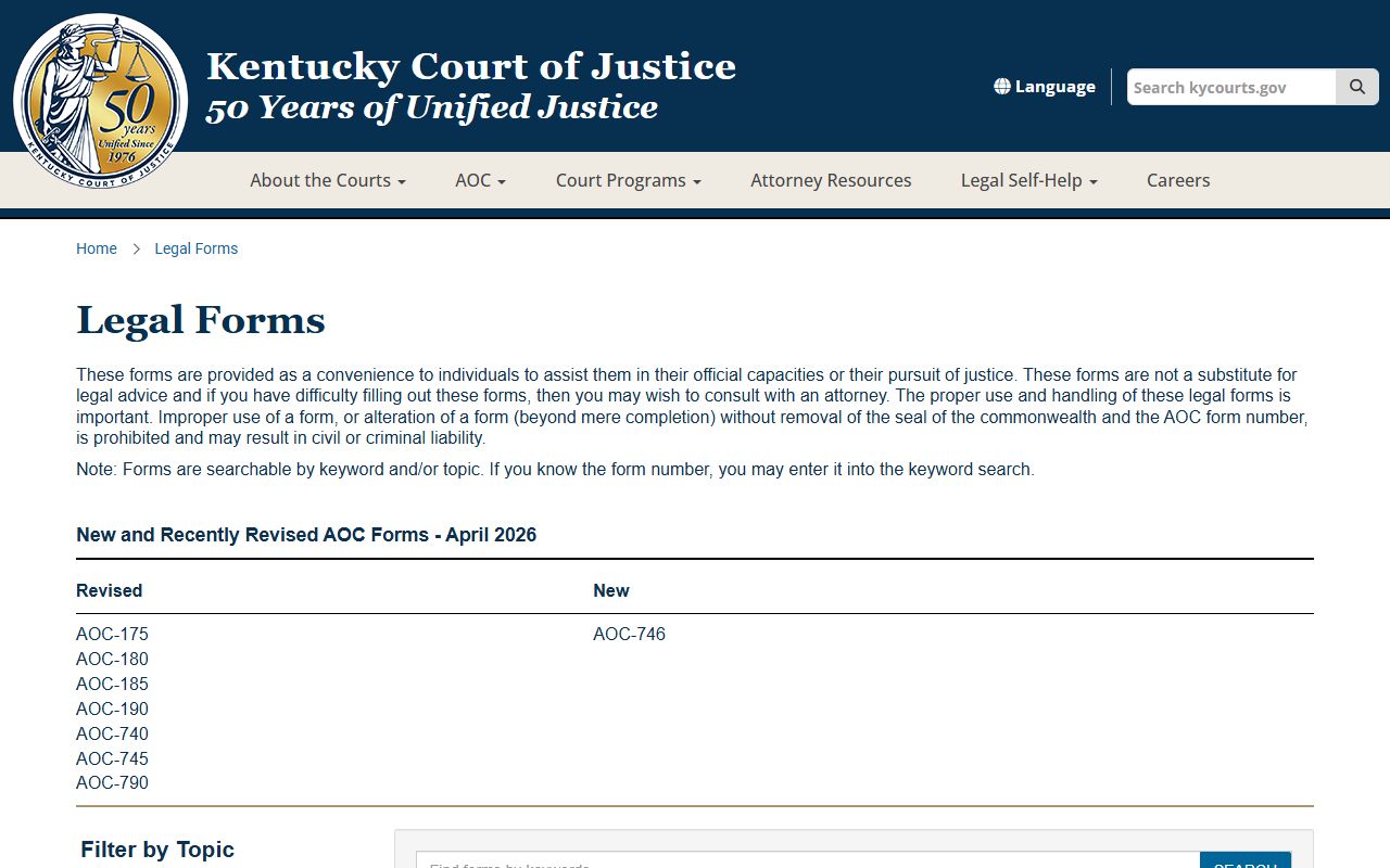 Kentucky Court of Justice legal forms page for court record filings