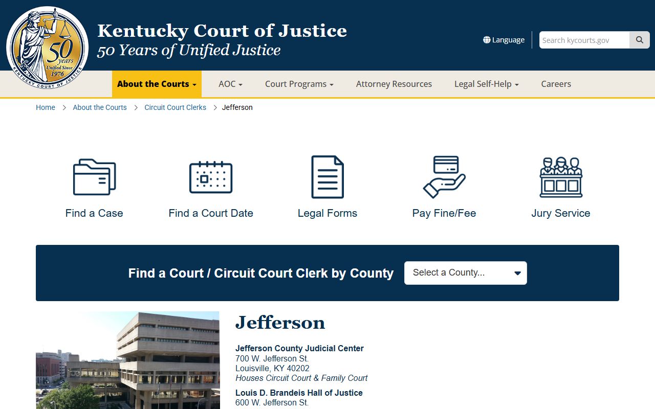 Jefferson County court records Kentucky Court of Justice county information